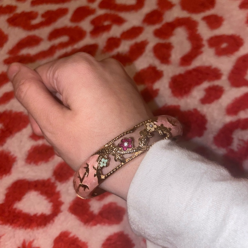 Floral Pink and Gold Bangle Bracelet